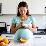 A serene pregnant woman in her second trimester, dressed in comfortable, modest, and stylish everyday attire suitable for a home setting. She is standing in a brightly lit, modern kitchen, gently preparing a bowl of fresh fruit and yogurt. The kitchen is clean and organized, with natural light streaming in. Her expression is peaceful and reflective, embodying mindful eating. Her hands are well-formed, holding a spoon or fruit. Perfect anatomy, correct proportions, natural pose, well-formed hands, proper finger count, natural body proportions. safe for work, appropriate content, fully clothed, modest, professional photography, high quality.