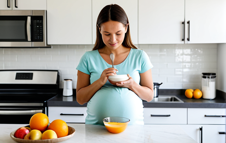 A serene pregnant woman in her second trimester, dressed in comfortable, modest, and stylish everyday attire suitable for a home setting. She is standing in a brightly lit, modern kitchen, gently preparing a bowl of fresh fruit and yogurt. The kitchen is clean and organized, with natural light streaming in. Her expression is peaceful and reflective, embodying mindful eating. Her hands are well-formed, holding a spoon or fruit. Perfect anatomy, correct proportions, natural pose, well-formed hands, proper finger count, natural body proportions. safe for work, appropriate content, fully clothed, modest, professional photography, high quality.