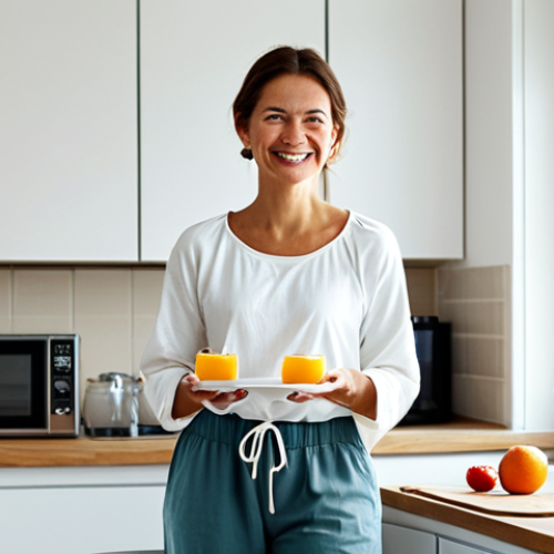 Home 21 **Prompt:** A woman in comfortable, loose-fitting clothing (cotton pants and a breathable top), smiling confidently while preparing a healthy breakfast with yogurt and fruit in a bright, clean kitchen. "Preventing discomfort", "healthy lifestyle", "appropriate content", "fully clothed", "modest", "safe for work", perfect anatomy, natural proportions, nutritional informational image, high quality.