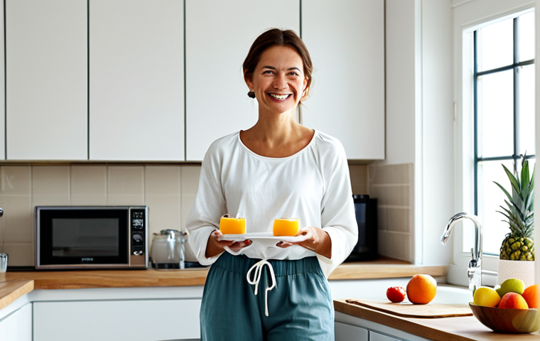 **Prompt:** A woman in comfortable, loose-fitting clothing (cotton pants and a breathable top), smiling confidently while preparing a healthy breakfast with yogurt and fruit in a bright, clean kitchen. "Preventing discomfort", "healthy lifestyle", "appropriate content", "fully clothed", "modest", "safe for work", perfect anatomy, natural proportions, nutritional informational image, high quality.
