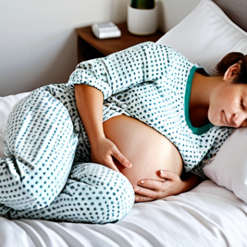 Home 19 임신 중 요통 예방과 완화 방법 - **Image:** A pregnant woman sleeping comfortably on her side, fully clothed in pajamas, using a preg...