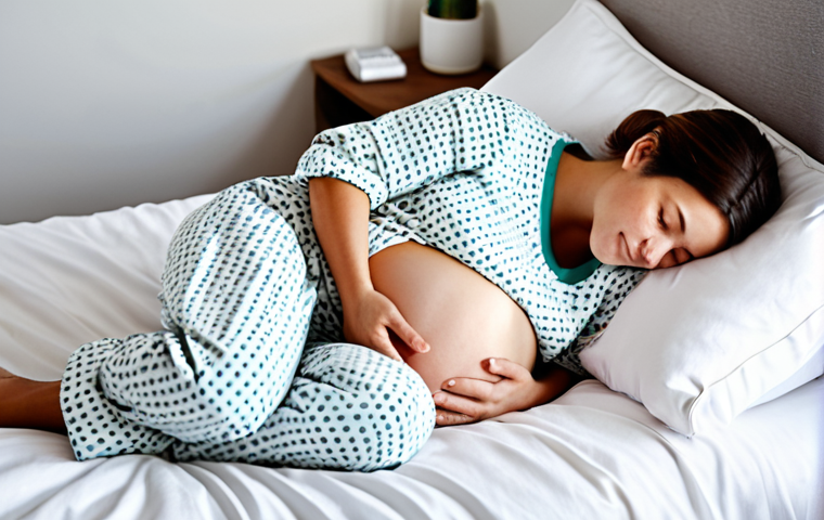 임신 중 요통 예방과 완화 방법 - **Image:** A pregnant woman sleeping comfortably on her side, fully clothed in pajamas, using a preg...
