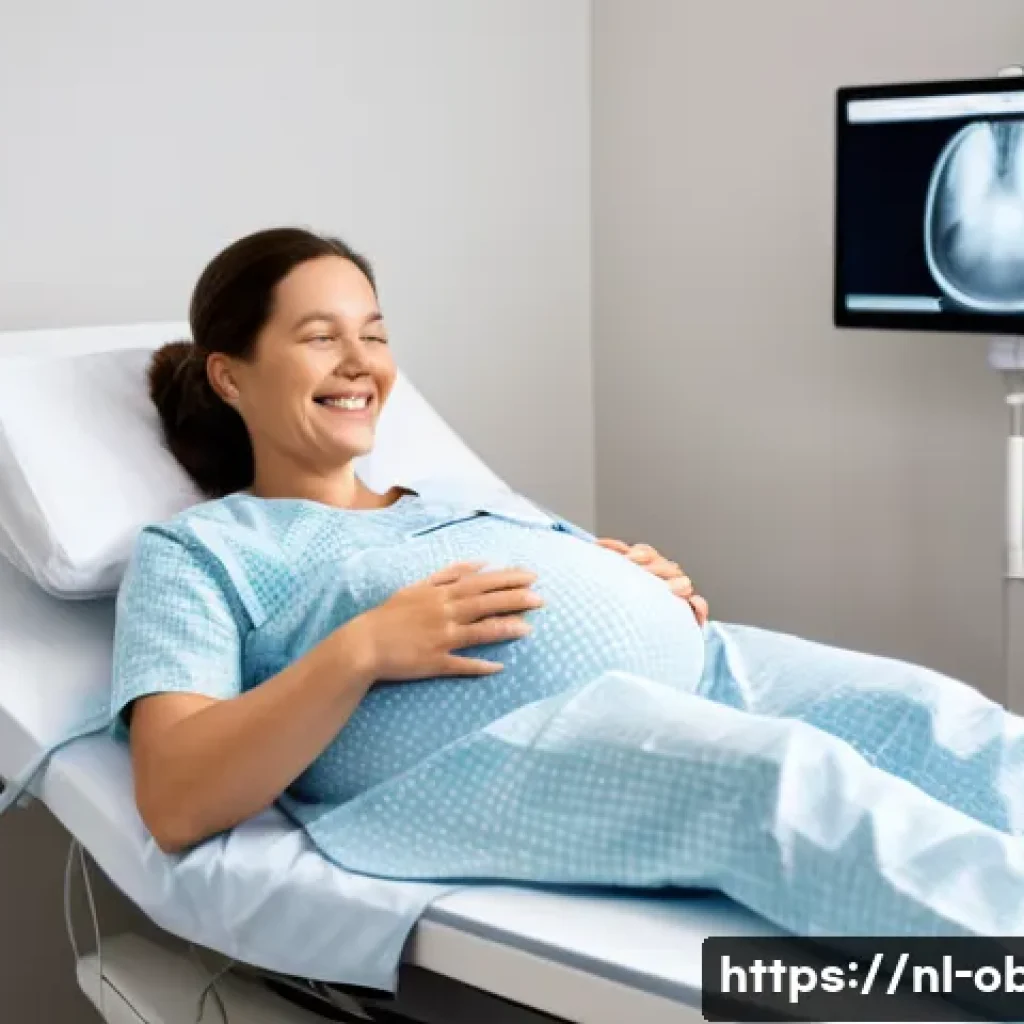 임신 중 태아의 성별을 확인하는 시기 - A serene and softly lit ultrasound clinic room in the Netherlands, showing a pregnant woman lying co...
