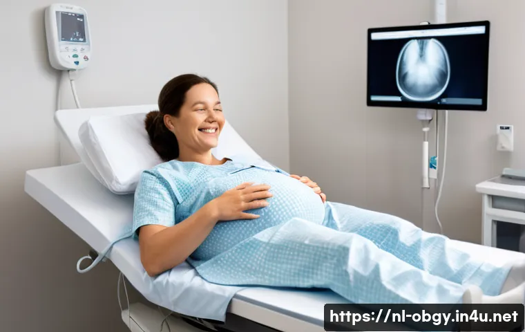 임신 중 태아의 성별을 확인하는 시기 - A serene and softly lit ultrasound clinic room in the Netherlands, showing a pregnant woman lying co...