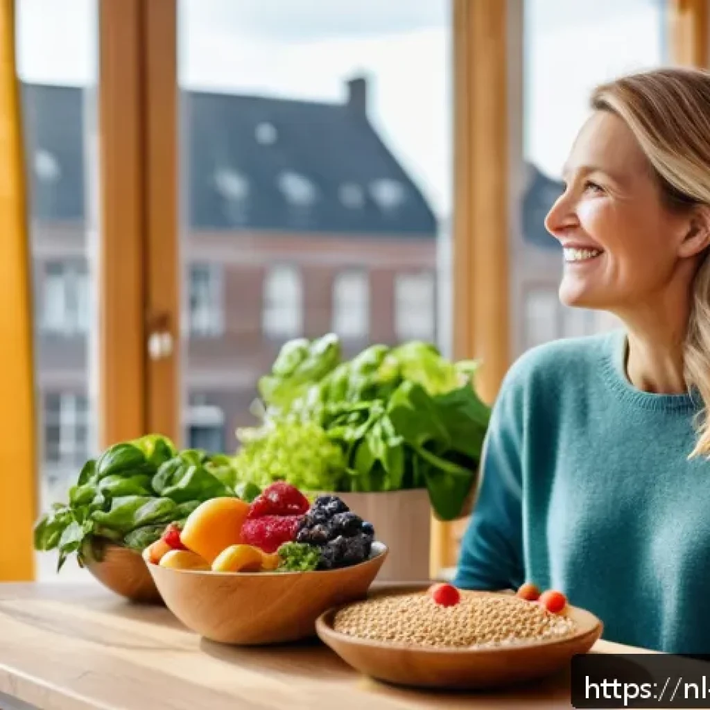 자궁경부암 예방을 위한 생활 습관 - A vibrant and healthy Dutch woman in her 30s, enjoying a colorful meal of fresh vegetables, fruits, ...
