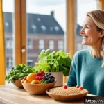 자궁경부암 예방을 위한 생활 습관 - A vibrant and healthy Dutch woman in her 30s, enjoying a colorful meal of fresh vegetables, fruits, ...