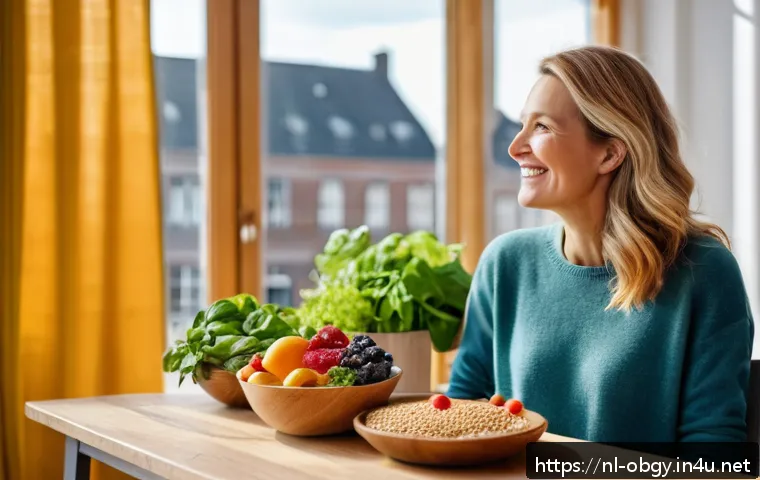 자궁경부암 예방을 위한 생활 습관 - A vibrant and healthy Dutch woman in her 30s, enjoying a colorful meal of fresh vegetables, fruits, ...