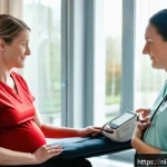 임신성 고혈압과 전자간증의 차이 - A calm and reassuring Dutch midwife in a modern clinic room, gently measuring the blood pressure of ...