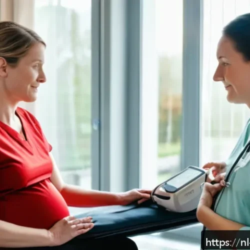 임신성 고혈압과 전자간증의 차이 - A calm and reassuring Dutch midwife in a modern clinic room, gently measuring the blood pressure of ...