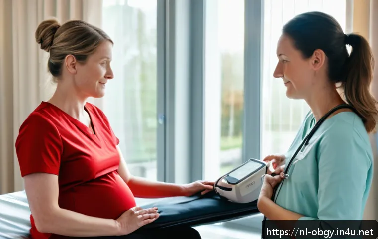 임신성 고혈압과 전자간증의 차이 - A calm and reassuring Dutch midwife in a modern clinic room, gently measuring the blood pressure of ...