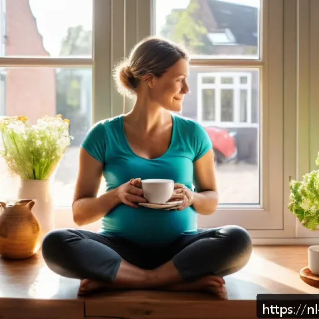 출산 후 회복을 돕는 산후 관리법 - A serene postpartum mother sitting comfortably in a cozy Dutch living room, wearing soft, breathable...
