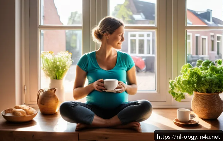 출산 후 회복을 돕는 산후 관리법 - A serene postpartum mother sitting comfortably in a cozy Dutch living room, wearing soft, breathable...